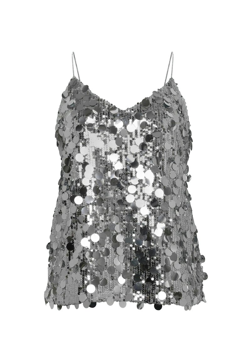 Top in satin con paillettes argentee con spalline sottili, caratterizzato da una vestibilità ampia e da una superficie lucida creata da paillettes circolari riflettenti.