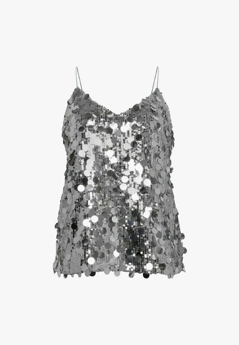 Camiseta de tirantes finos con lentejuelas plateadas, que presenta un corte holgado y una superficie brillante creada por lentejuelas circulares reflectantes.