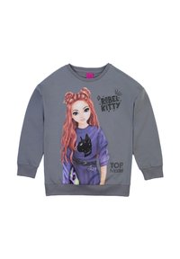 Felpa grigia con un design stampato di una ragazza con lunghi capelli ondulati e un grafiche di un gatto nero. I testi accentati includono "Rebel Kitty" e "TOP Model."