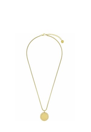 Gold chain necklace with a round pendant featuring a honeycomb pattern and small surrounding crystals, clasp and adjustable chain visible.