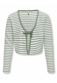 Geknipte lange mouwen shirt met groene en witte verticale strepen. Heeft een V-halslijn en een sluiting met een strik aan de voorkant. Zachte, geribbelde textuur.