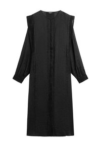 Black long-sleeve midi dress with lace shoulder panels, round neckline, front pleats, and gathered cuffs.