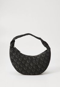 Črna torba za ramo iz blaga s ukrivljeno obliko, z vzorcem v ponavljajočem se motivu in z zadrgo za zapiranje. Teksturiran trak za nošenje.