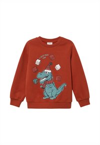 Roestkleurige sweatshirt met een cartoon T-Rex in een feestelijke hoed en sjaal, omringd door cadeaudozen. Zachte stof, ribgebreide manchetten en zoom.