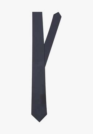 Navyblauwe das met een gladde textuur en spitse uiteinden, met een effen kleurontwerp zonder patronen of accenten.