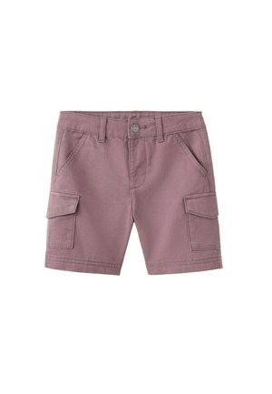Mauve cargo shorts with front and side flap pockets, belt loops, button closure, and visible stitching on a white background.