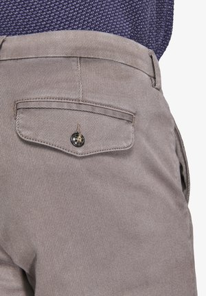 Pantaloni a righe grigio chiaro con una tasca posteriore con bottone, caratterizzati da una cucitura evidente e una texture del tessuto visibile in primo piano.