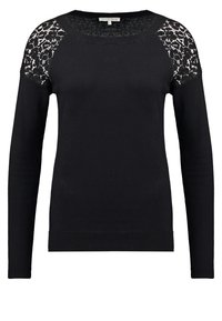 Musta pitkähihainen neulepaita, jossa pitsikoristeita hartioilla. Pyöreä pääntie, resorit hihansuissa ja helmassa, kevyt neulottu materiaali.