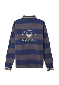 Polo à manches longues en rayures navy et gris, avec un col aux accents jaunes et un logo brodé au dos.