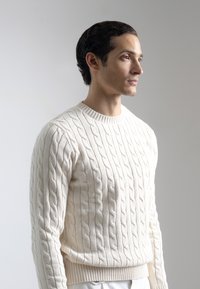 Suéter de punto trenzado color crema con cuello redondo, que presenta puños y dobladillo acanalados. Textura suave y un patrón tejido destacado.