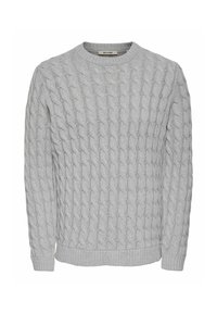 Pull en maille torsadée gris clair à manches longues, col rond, avec des poignets et un ourlet côtelés, étiqueté "Only & Sons."