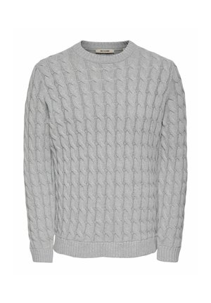 Lichtgrijze kabelgebreide trui met lange mouwen, ronde hals en geribbelde manchetten en onderkant, gelabeld "Only & Sons."