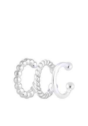 Set de trei inele argintii: unul cu mărgele, unul cu design răsucit și unul tip brățară deschisă. Toate inelele au un finisaj polisat.