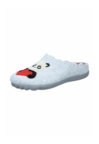 Gray felt slipper with open back, featuring a panda design and red heart detail on the front. Soft texture and flexible rubber sole.