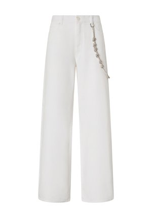 Pantaloni bianchi a gamba larga in cotone con vita alta. Presentano un dettaglio in catena argentata sul lato sinistro e un classico design a cinque tasche.