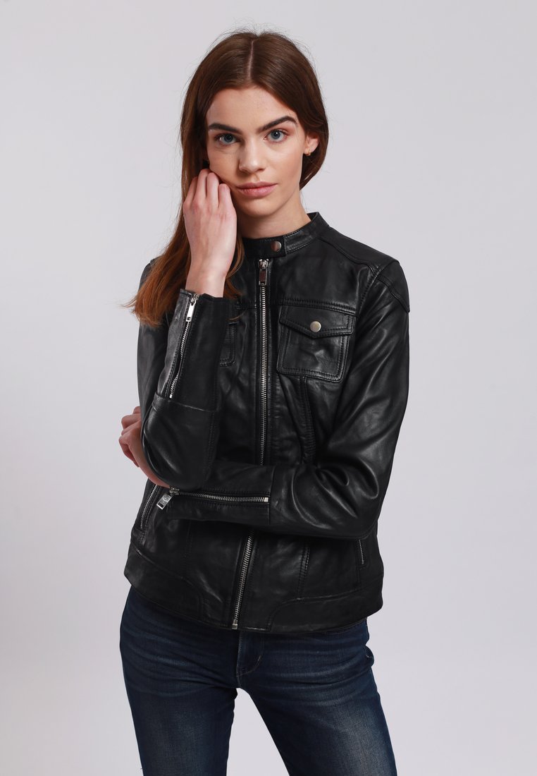 Lee Cooper LEATHER JACKET WITH ROUND COLLAR AND PUSH BUTTON CLOSURE - - Leather jacket - black