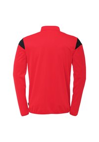 Rode langmouwshirt met een staande kraag en zwarte accenten op de schouders. Gladde textuur, sportieve snit en slim-fit ontwerp.