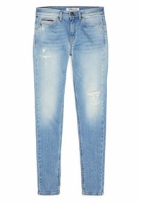 Jeans de mezclilla azul claro con corte slim, que presentan detalles desgastados, un sutil desvanecimiento y un diseño clásico de cinco bolsillos.