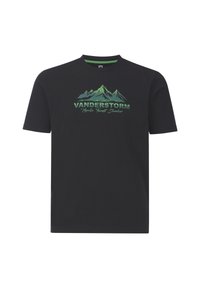Black cotton t-shirt featuring a green mountain graphic and "VANDERSTORM Nordic Forest Slumber" text below. Short sleeves, crew neckline.