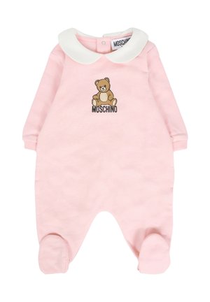Body in cotone rosa per neonati con colletto Peter Pan bianco, caratterizzato da una grafica di un orsetto marrone e dal logo "MOSCHINO" sotto il disegno.