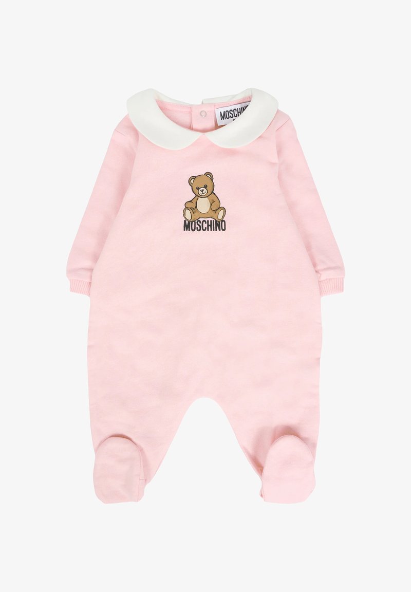 Rosa Baumwollstrampelhose mit einem weißen Peter-Pan-Kragen, versehen mit einem braunen Bärenmotiv und dem Logo "MOSCHINO" unterhalb des Designs.