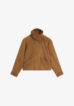 Brown suede jacket with a high collar, double-breasted button closure, and two front pockets. Features a cropped design and smooth texture.