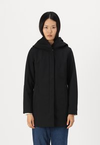 Veste à capuche noire avec une coupe droite, fermeture à boutons sur le devant et poches latérales. Tissu lisse au design minimaliste.