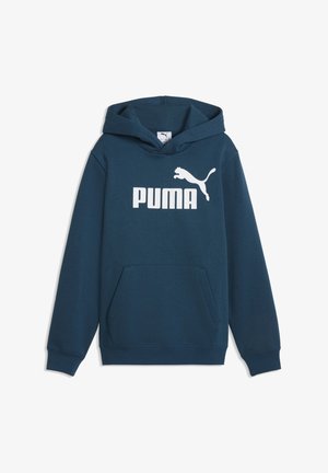 Sweat à capuche bleu foncé avec poche avant, logo Puma blanc et texte sur la poitrine, présenté sur fond blanc.