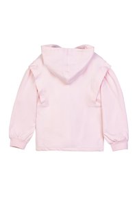 Felpa rosa chiaro con cappuccio, presenta maniche gonfiate e dettagli arricciati sulle spalle, realizzata in morbido tessuto con polsini a costine.