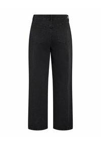 Črne široke denim hlače s ravnim krojem, z dvema zadnjima žepoma in srednje visokim pasom. Gladka tekstura, trden material.