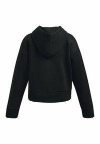Svart kortärmad hoodie med mjuk textur, som har en stor huva, långa ärmar och ribbade muddar och nederkant. Inga synliga logotyper eller mönster.