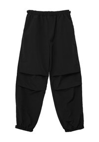 Zwarte, losse broek met een elastische tailleband en gerimpelde boorden. Beschikt over gelaagde voorkruiken en een soepele stofstructuur.