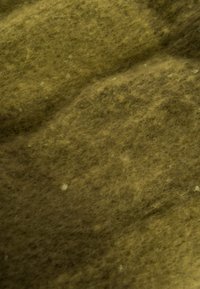 Tessuto testurizzato in verde oliva tenue, con una superficie morbida e fuzzy, caratterizzata da sottili variazioni e leggeri puntini sparsi.