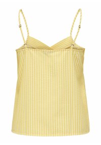 Geel hemdtop met dunne verstelbare schouderbanden, verticale gestructureerde strepen en een losse pasvorm. Heeft een V-vormige halslijn en een subtiele glans.