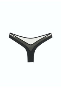 Black women's bikini-style underwear with sheer mesh panels and solid fabric edges on a white background.