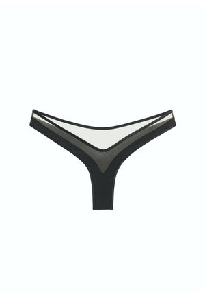 Black women's bikini-style underwear with sheer mesh panels and solid fabric edges on a white background.
