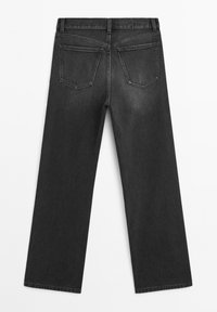 Schwarze gerade geschnittene Jeans mit mittelhohem Bund, ausgestattet mit zwei Gesäßtaschen und einer glatten Denim-Oberfläche.