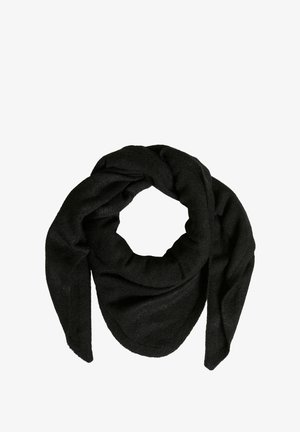 Zwarte, gebreide sjaal met een cirkelvorm en verlengde uiteinden, met een zachte textuur en zonder zichtbare patronen of hardwaredetails.