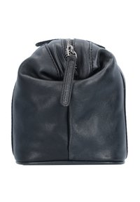 Pochette in pelle nera con una forma morbida e arrotondata. Presenta una cerniera superiore con un tassello in pelle. Texture liscia con accentuazioni minime.
