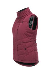 Bordowa kamizelka puchowa z wysokim kołnierzem, z przodu zapinana na zatrzaski, pikowana, z bocznymi kieszeniami i miękką czarną podszewką.