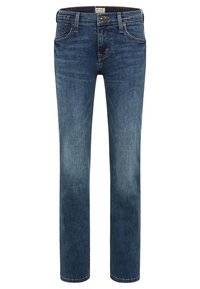 Džínové kalhoty v tmavě modré barvě se střihem rovného nohavice, vybavené knoflíkovým zapínáním, pěti kapsami a jemným vyblednutím na přední straně.