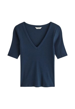 Marineblå ribstrikket t-shirt med korte ærmer, dyb V-hals og lige kant, mærket Lindex.