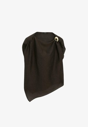 Brązowy leniony poncho o asymetrycznym designie i drapowaniach. Posiada złoty okrągły akcent wpinany na ramieniu. Lekka faktura.