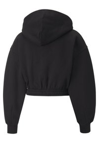 Felpa nera corta con cappuccio, fascia elastica in vita e maniche lunghe. Tessuto liscio con una vestibilità rilassata e senza motivi o accessori visibili.