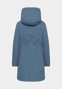 Veste bleu clair imperméable avec capuche, taille ajustable, détails aux poignets et logo au dos. Texture lisse et design pratique.