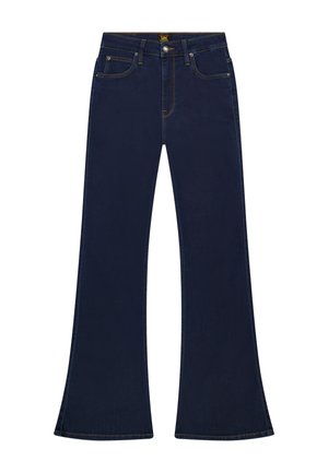 Jean en denim bleu foncé avec une taille haute, fermeture à bouton et fermeture éclair, style cinq poches, et jambes évasées.