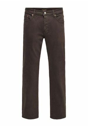 Pantalon marron foncé à jambes droites avec bouton et fermeture éclair à l’avant, passants pour ceinture, et poches avant et arrière.