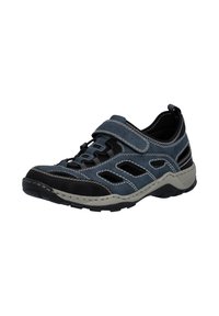 Blauer und schwarzer Outdoor-Schuh mit Klettverschluss, Mesh-Einsätzen für Atmungsaktivität und Gummisohle mit profilierter Laufsohle.