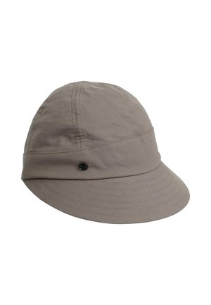 Light gray bucket hat with a rounded crown, a wide brim, and a decorative black metal button accent on the side. Made of textured fabric.