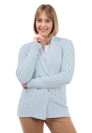Cardigan in blu chiaro a maglia treccia con colletto a scialle, chiusura con bottoni e bordo a costine. Presenta una lavorazione a maglia testurizzata e maniche lunghe.